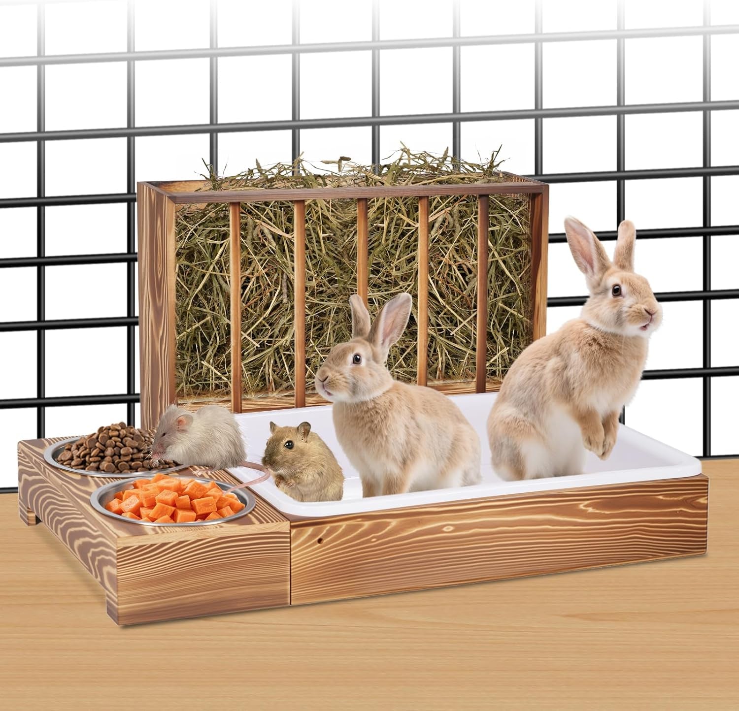 3-in-1 Wooden Rabbit Hay Feeder and Litter Station
