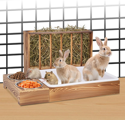 3-in-1 Wooden Rabbit Hay Feeder and Litter Station