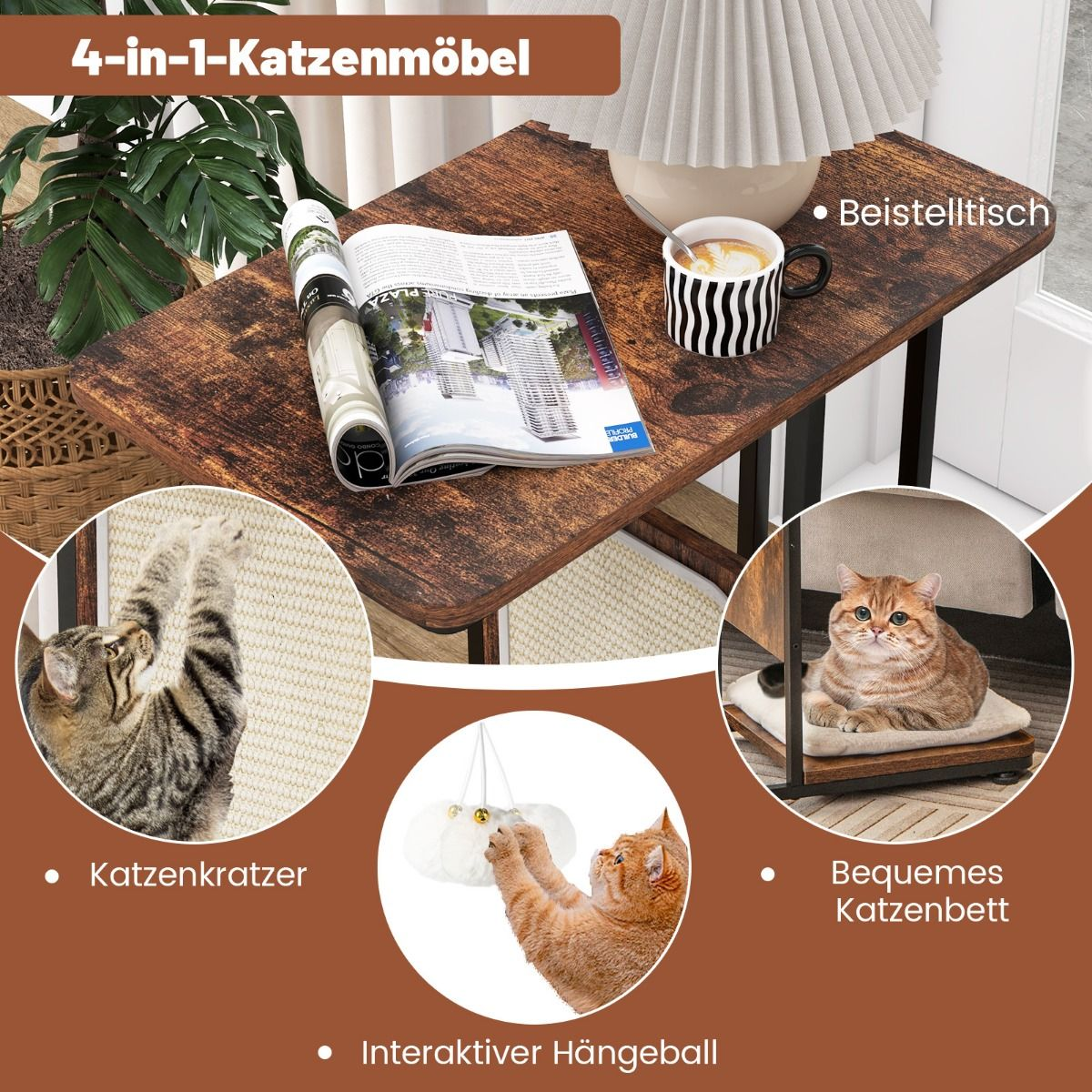 4-in-1 Katzenbeistelltisch mit Kratzbrett