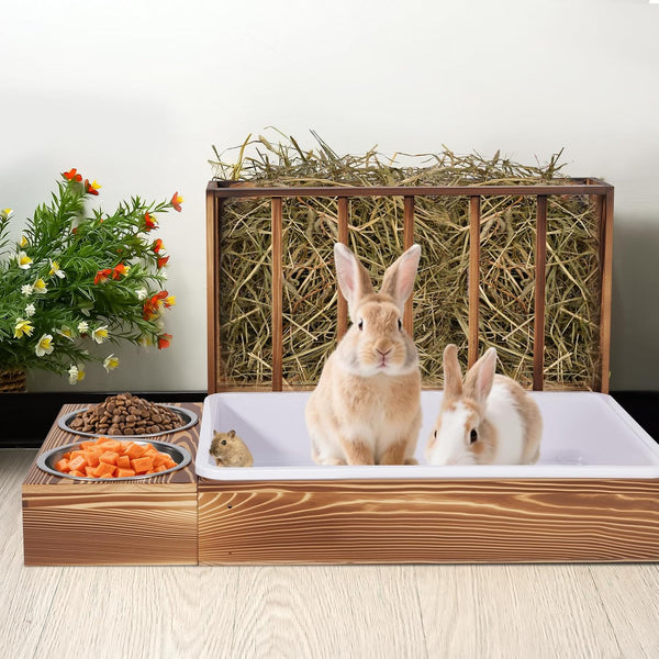3-in-1 Wooden Rabbit Hay Feeder and Litter Station