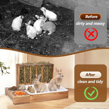 3-in-1 Wooden Rabbit Hay Feeder and Litter Station