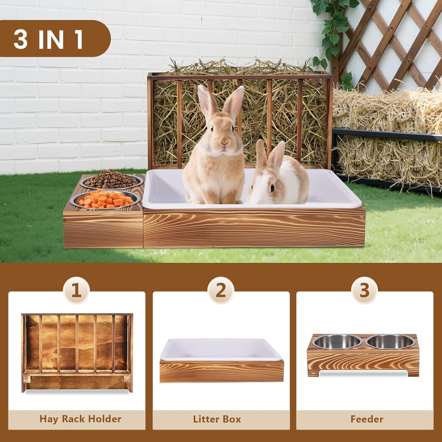 3-in-1 Wooden Rabbit Hay Feeder and Litter Station